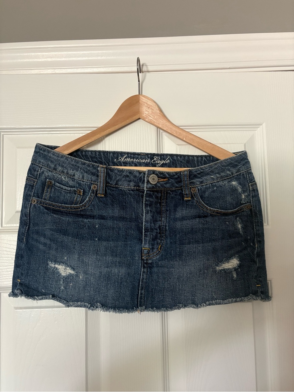 American Eagle Outfitters Dark Blue Distressed Denim Mini Skirt